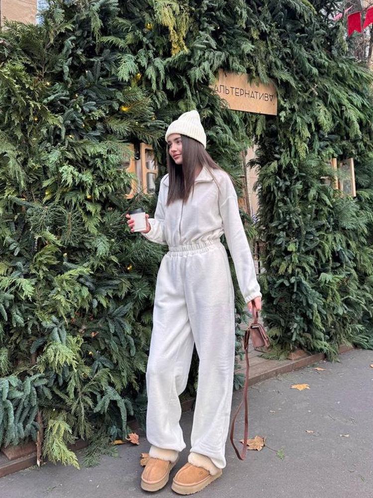 European & American Women's Spring/Autumn Long Sleeve Jumpsuit - Casual Half Open Neck, Elastic Waist Set