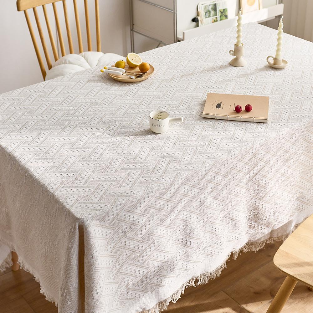 Französische Creme Baumwolle Leinen Tischdecke Waffelstruktur Rechteckig Esstischdecke Quastenrand Waschbar Bauernhaus Küche Couchtisch Abdeckung Dekoration