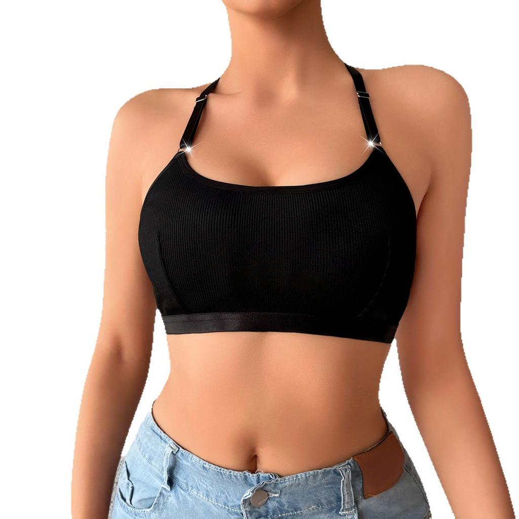 Women Solid Ribbed Halter Adjustable Strap Wireless Casual Bralette