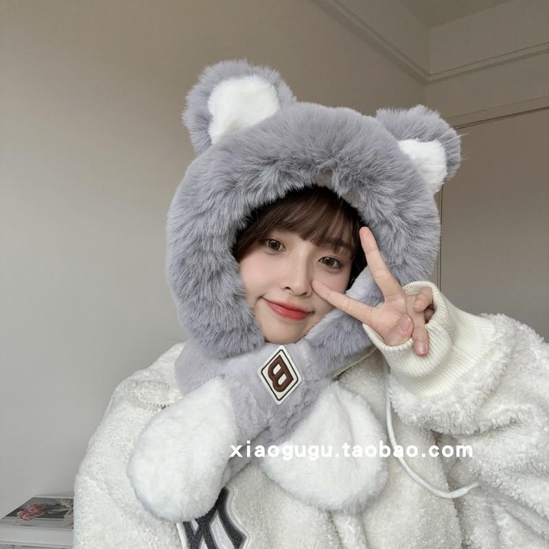 Cute letters bear ears hat scarf integrated female winter student warm fleece thickened two-piece set