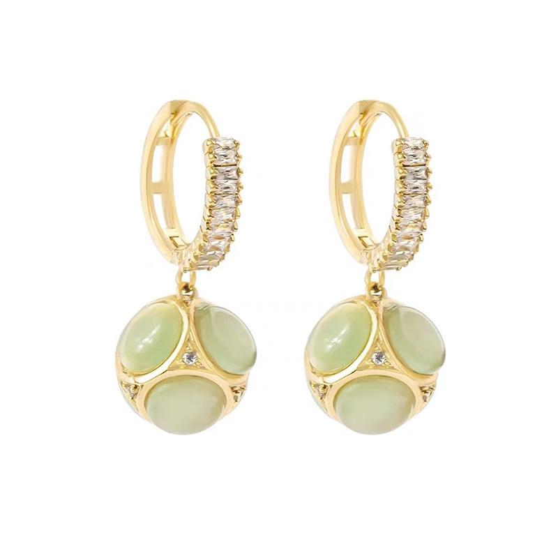 Premium Green Diamond Ball Opal Earrings Light Luxury Niche Design Ear Buckle Earrings New Trendy Earrings