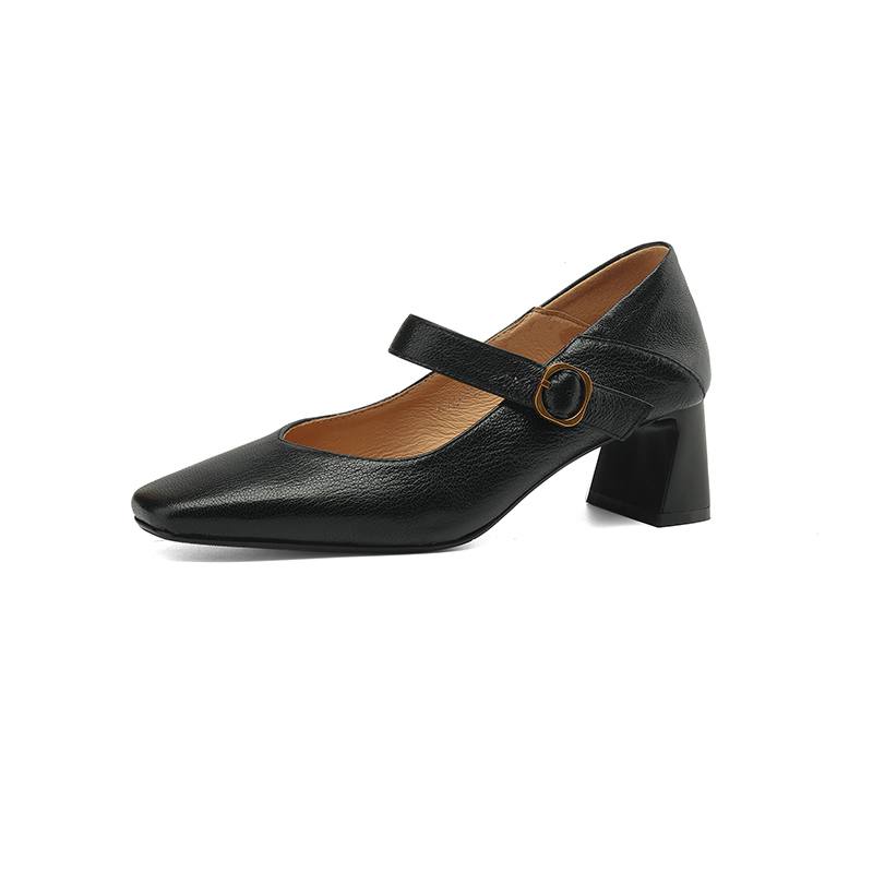 Krazing Pot Sheep Skin Square Toe Chunky High Heels Spring Summer Mary Janes Shoes Vintage Plus Size 42 Women Pumps