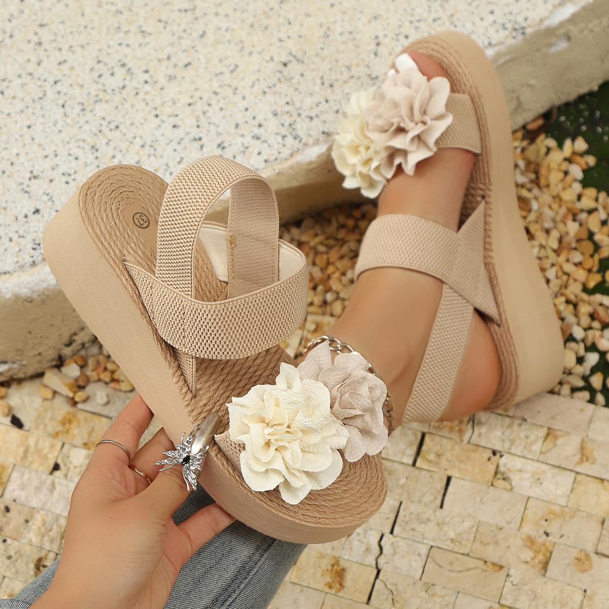 

Fashion Plus Size Fashion Flowers Wedge Sandals for Women Elastic Ankle Strap Platform Sandals Woman Summer 2025 Thick Sole Beach Shoes 36 бежевий