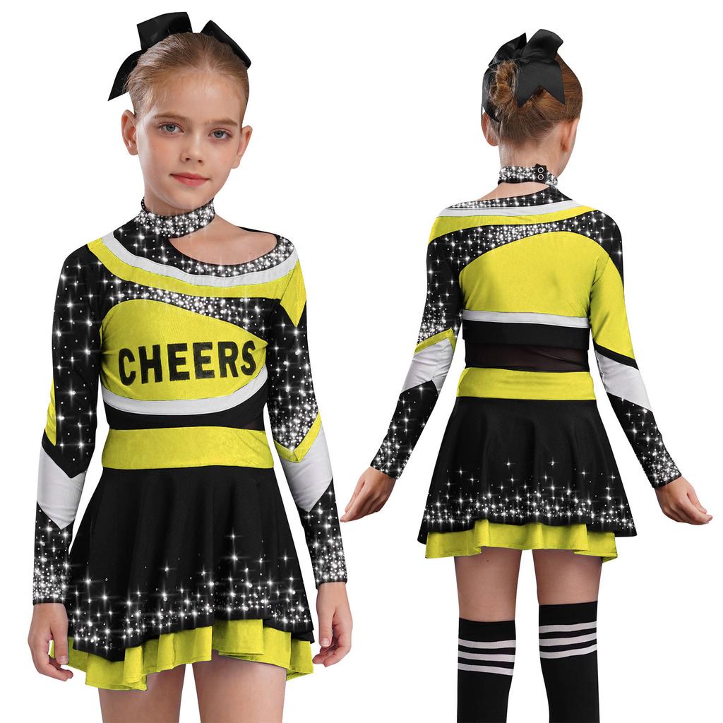 Varsity Style Cheer Uniform for Kids: Long Sleeve Rhinestone Top with School Letter & Contrast Skirt for Performance