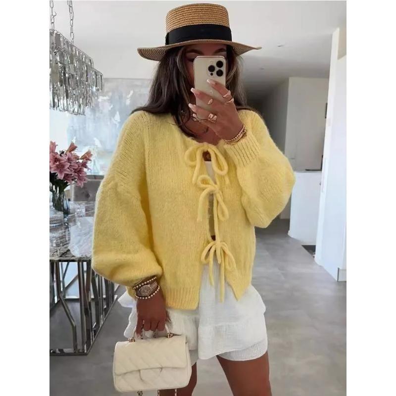 Solid Color O-neck Lace-up Knitted Cardigan Women Autumn Winter Streetwear Casual Simplicity Sweater Coats