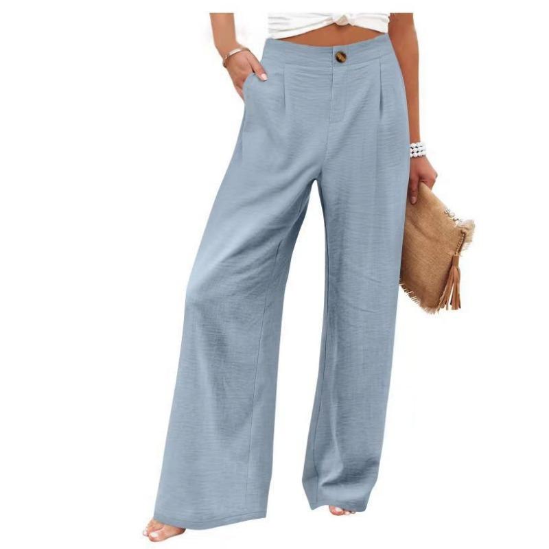 Women Solid High Waist Single Button Front Pleated Loose Wide Leg Comfort Casual Long Trousers