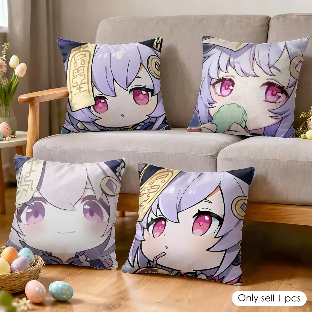 Qiqi Cute Genshin Impact Cushion Cover Silky Short Plush Invisible Zipper Dustproof Sofa Pillow Case For Home Decor