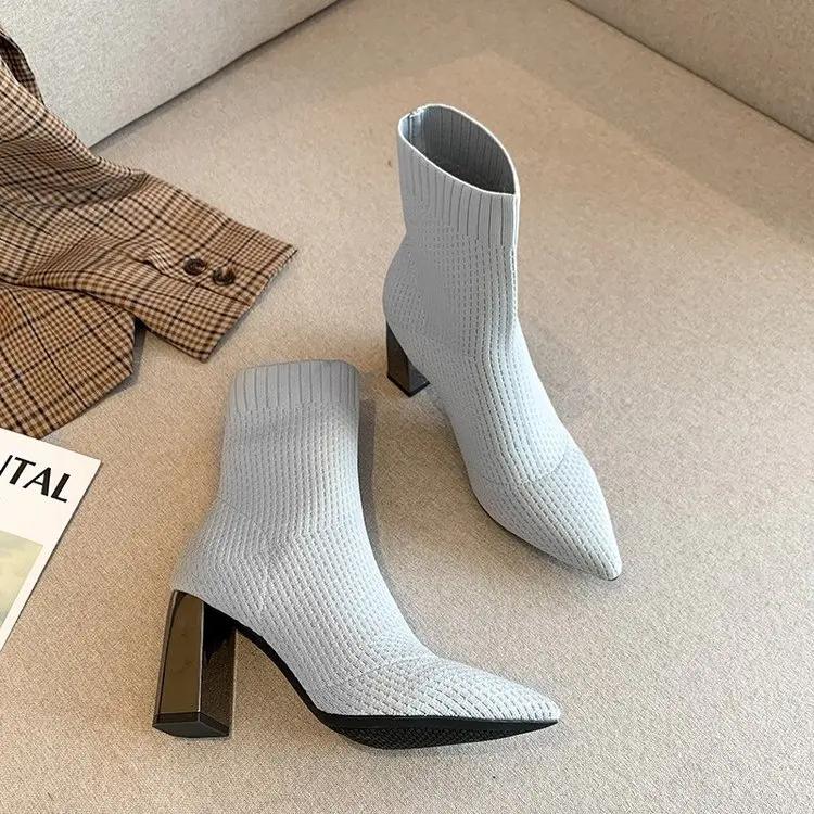 Simple Fashion Stretch Socks Boots for Women High Heels Shoes Knit Socks Boots Skinny Women Pointed Toe Ankle Boots Botas Mujer