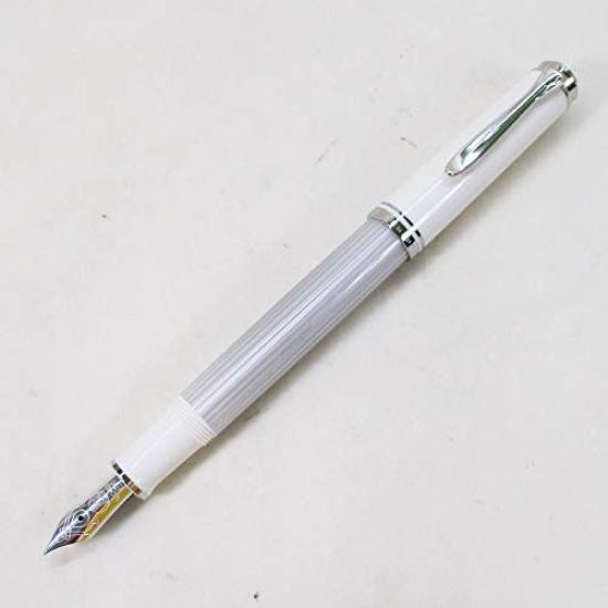 Pelikan M405 Fountain Silver 14K Fine Nib Souverän Pen, White, Gold,