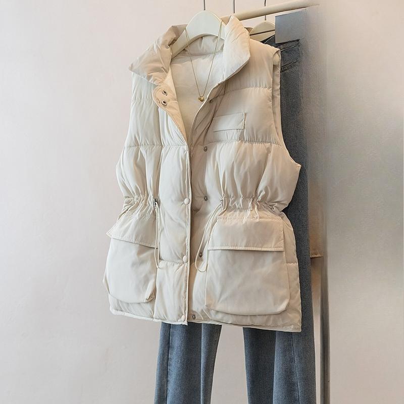 

Plus Size Women Cotton Vest Stand Collar Loose Fit Waist Pocket Casual Jacket XXXL бежевий