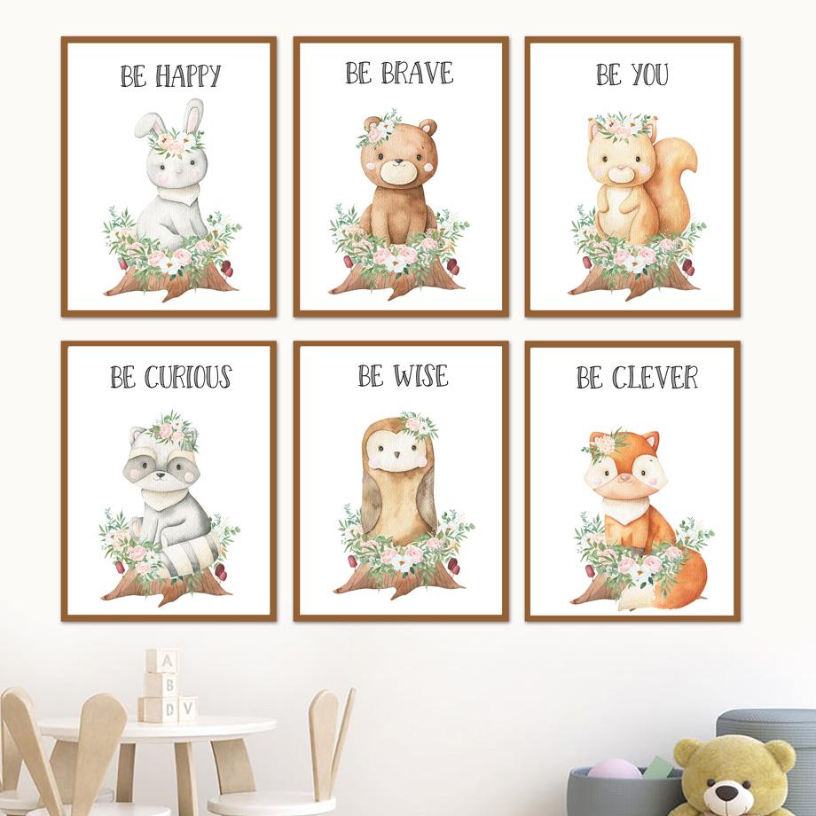 

Лесные цветочные животные, настенная живопись на холсте с животными, лиса, медведь, кролик, постеры на скандинавскую тему и принты, Декор, фотографии для детской комнаты