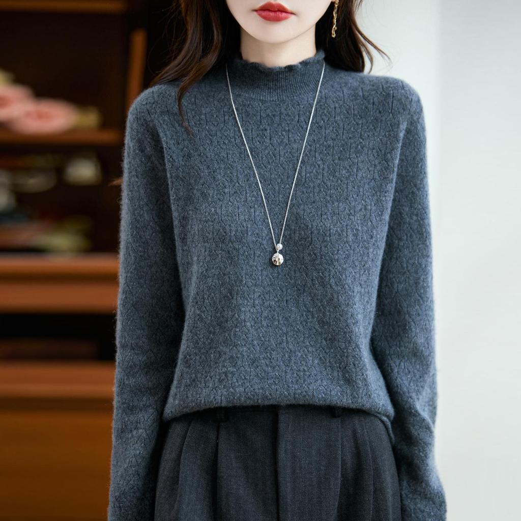 Women's Wool Knit Sweater with Ruffled Collar - Fern Tail Design, Slimming Loose Fit, Soft Half-High Collar