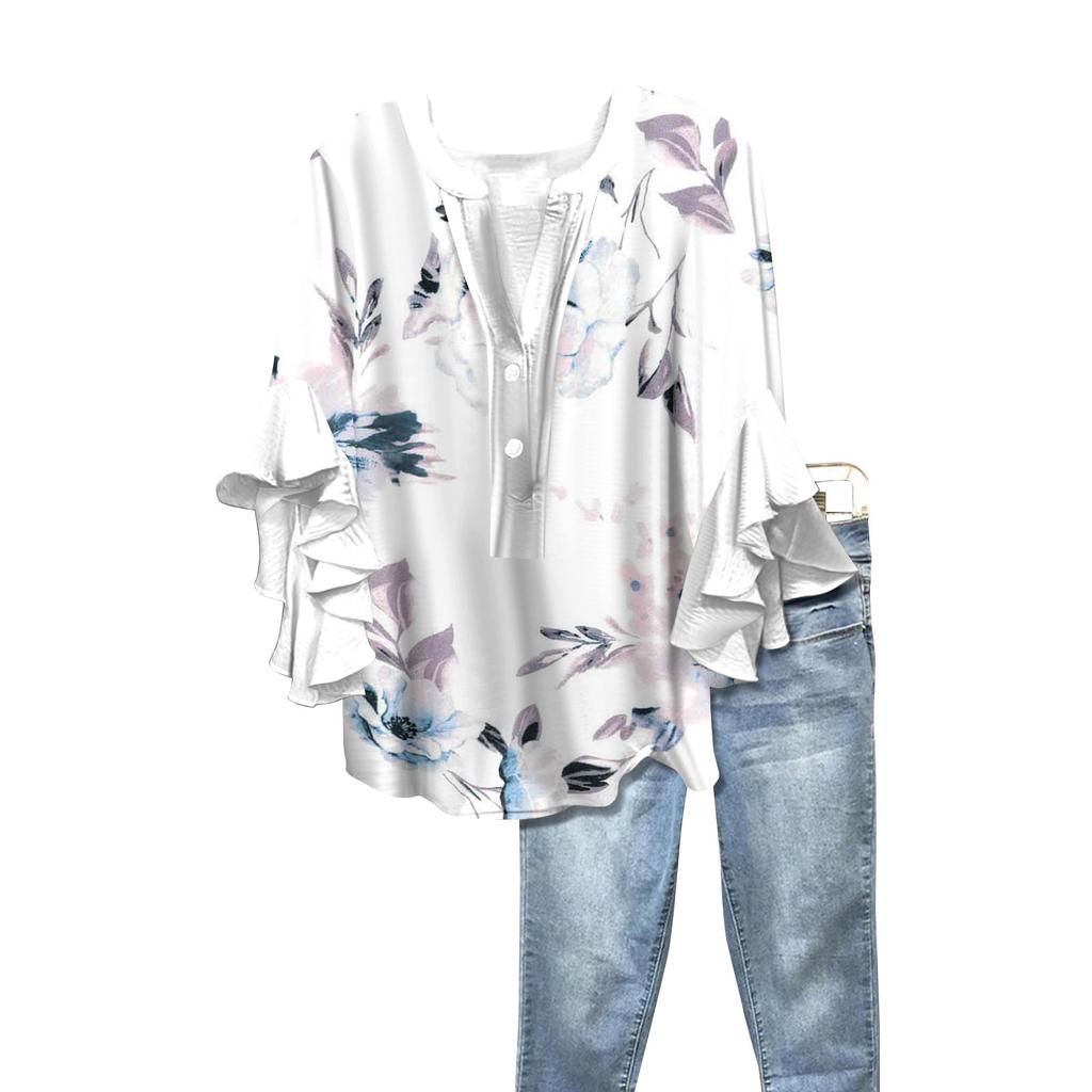 Summer Women's Tops V-Neck Seven Sleeve Shirt Spring Summer Floral Printed Tops Casual Shirt