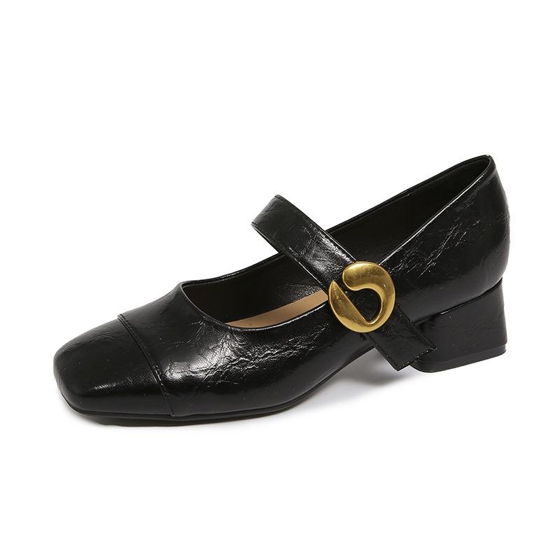 Temperament mittlerer Absatz flacher Mund weiches Leder Einzelne Schuhe Damen Nische Frühling und Herbst neu dicker Absatz Mary Jane Schuhe