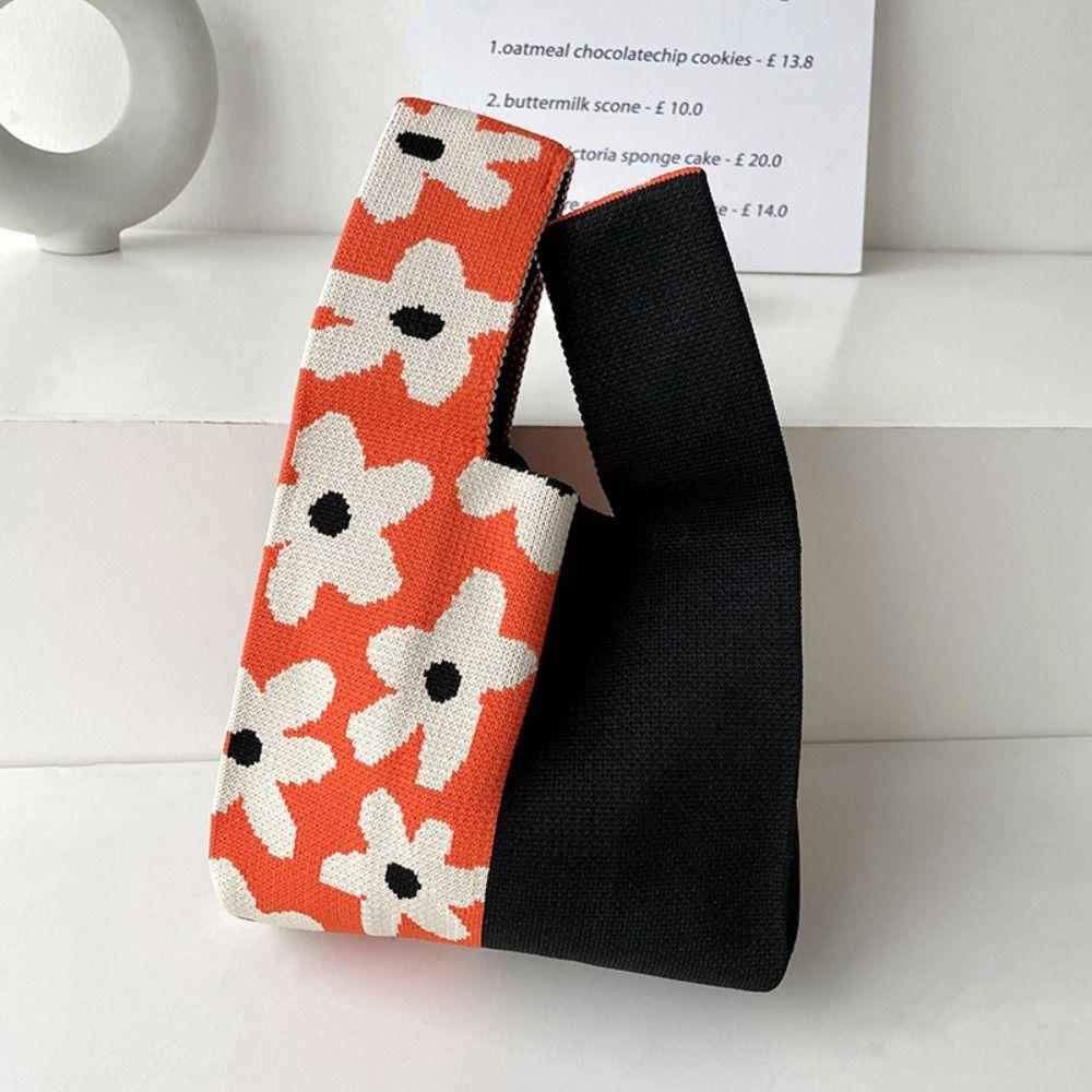 Women Girls Reusable Knit Handbag Heart Flower Wrist Bag Handmade Knot Tote Bag Shopping Bags Outdoor Casual Accessories