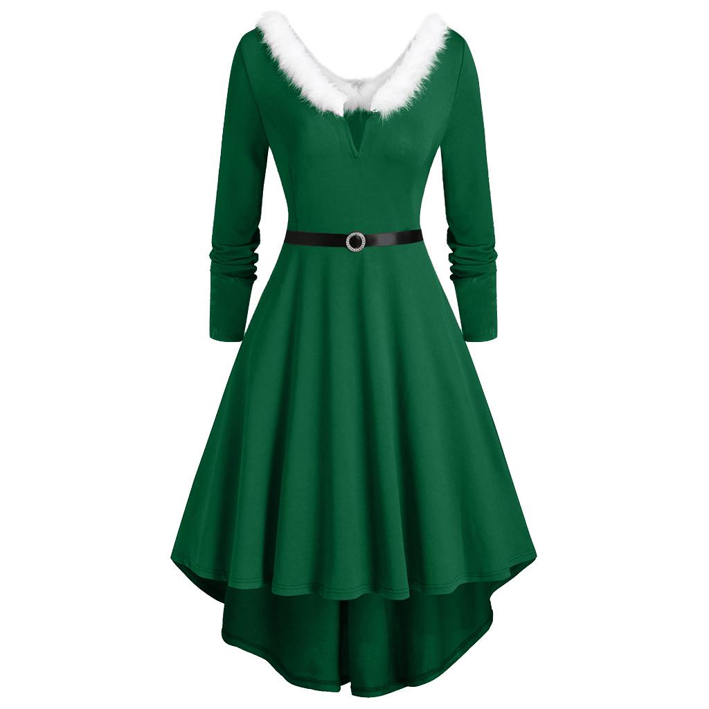 Plus Size Women Christmas Patchwork Faux  Panel Long Sleeve Asymmetric Dress