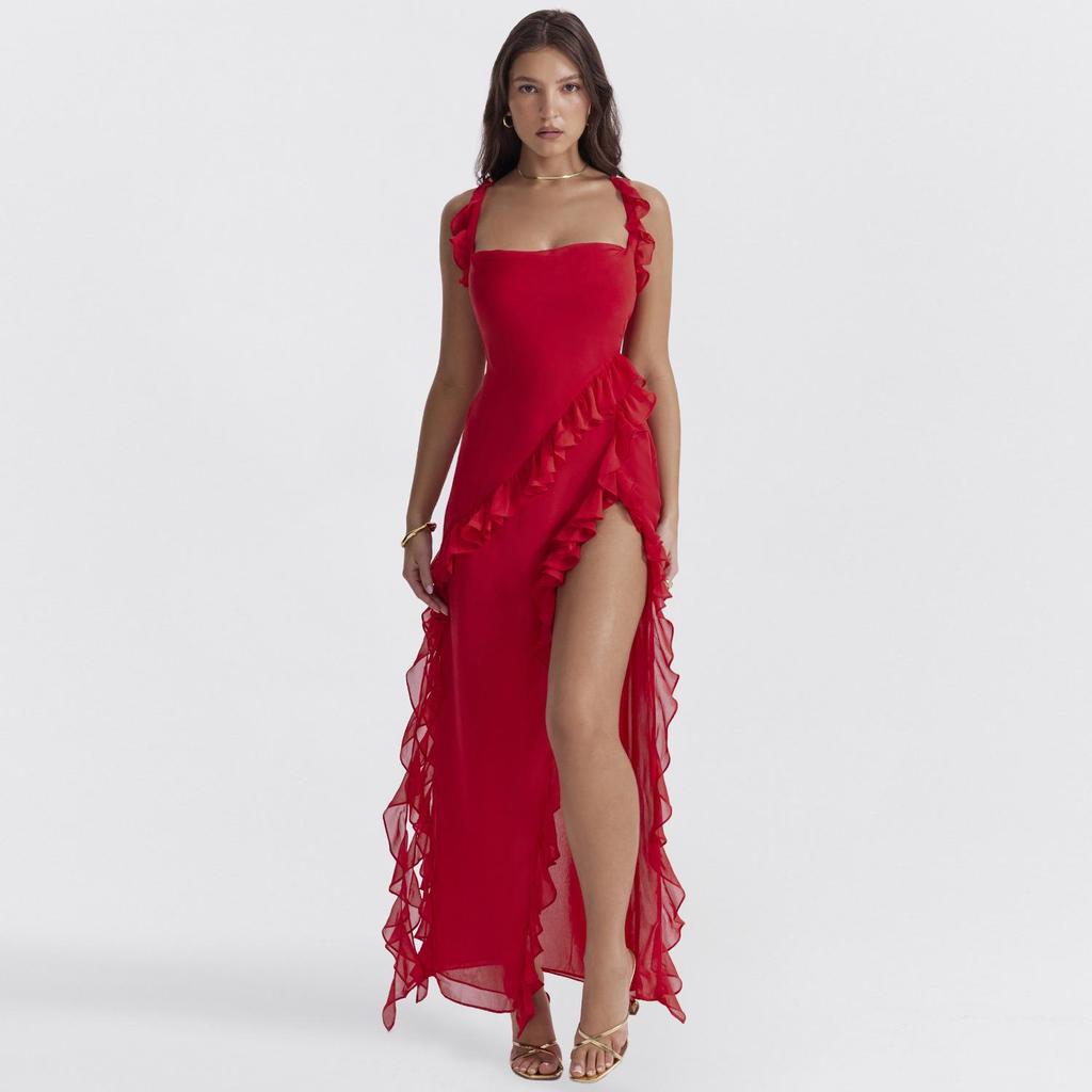 2026 Summer Women's Fashion Sexy Ruffle Trim Spliced Split Dress - Spaghetti Strap Bodycon Gown Stitching Temperament Sexy