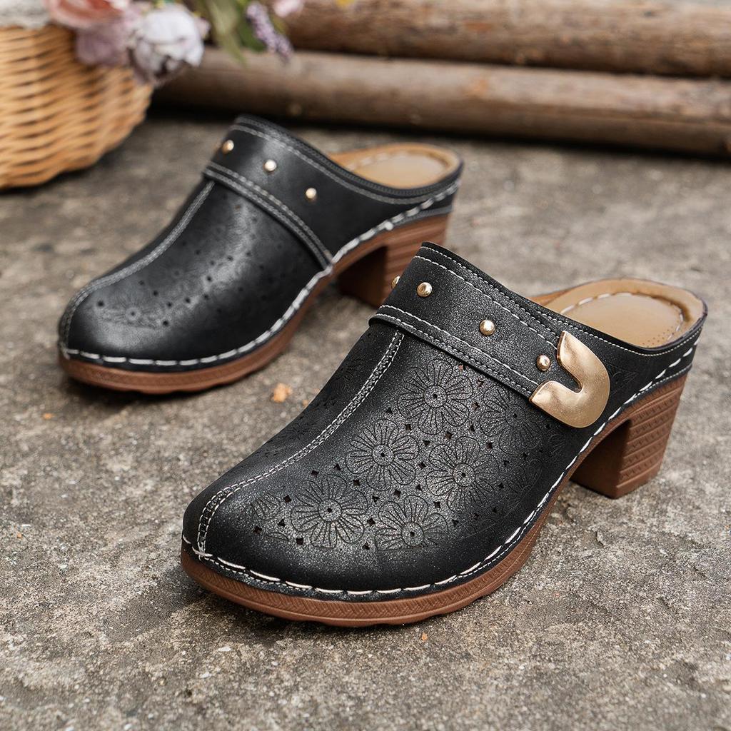 International Chunky Heel Women's Sandals: Plus Size Hollow-Out Studded Pointed Toe, Backless Design.