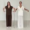 2025 Summer European & American Slimming V-Neck Top & Wide-Leg Pants Two-Piece Set