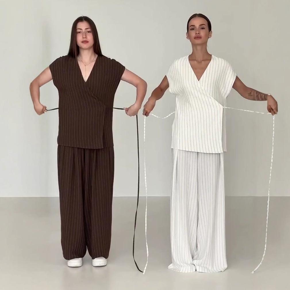 2025 Summer European & American Slimming V-Neck Top & Wide-Leg Pants Two-Piece Set