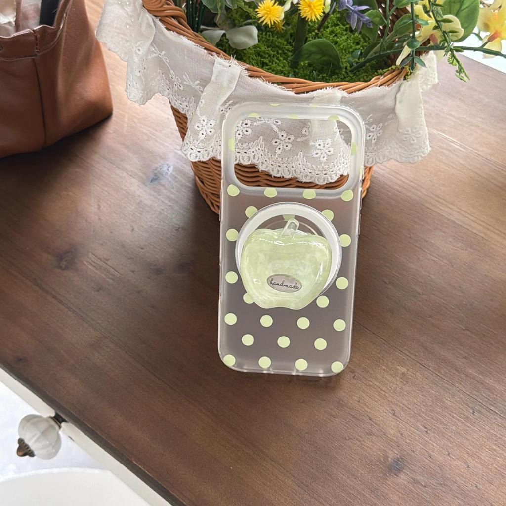 Korean Style Polka Dot Green Phone Case with Stand for iPhone 17/16/15 Pro Max