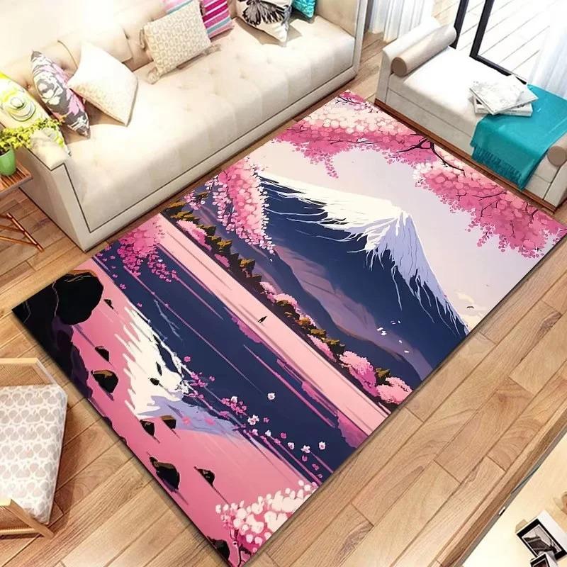 Japanese Landscape Print Rug with Cherry Blossom & Fuji Mountain for Bedroom and Sofa Entryway Decor