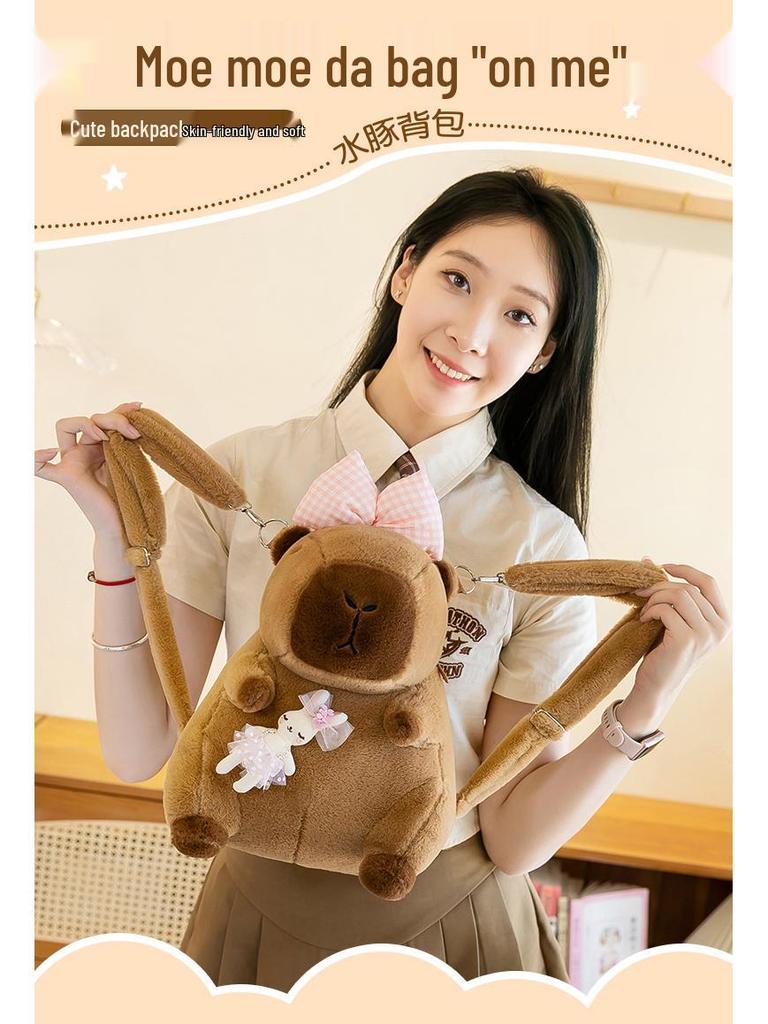 Capybara Backpack Plush Doll: Large Capacity Women's Cartoon Hamburger Schoolbag