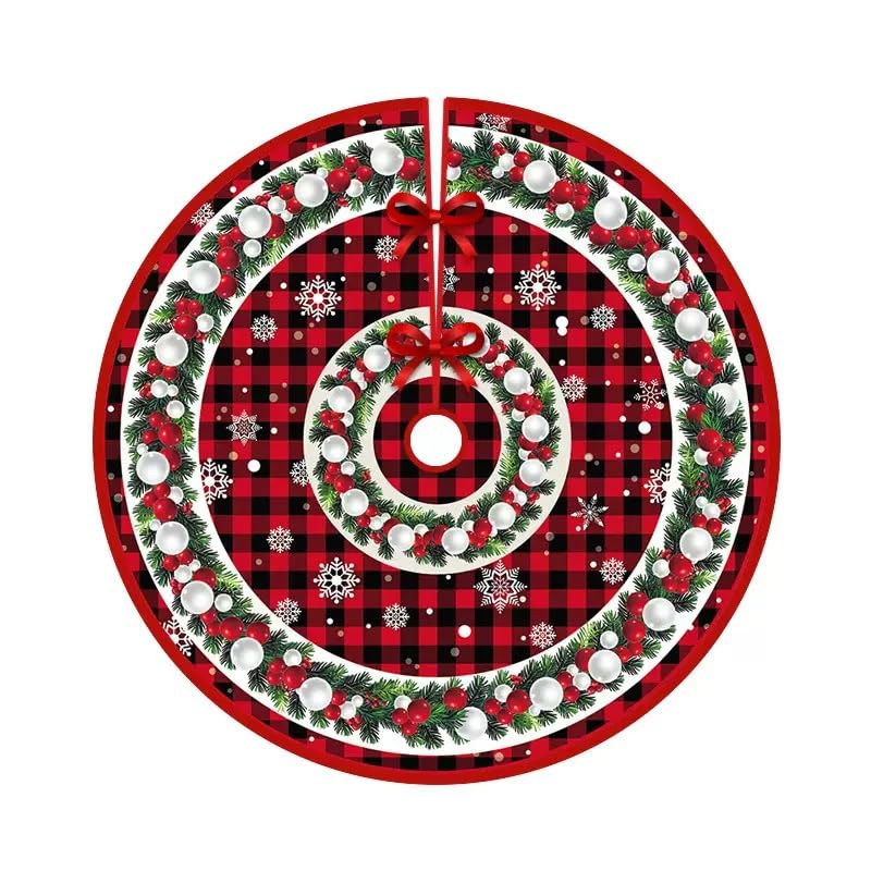 

Festive Buffalo Plaid Christmas Tree Skirt with Snowflakes & Berries, Cozy Holiday Home Decor for Winter Parties
