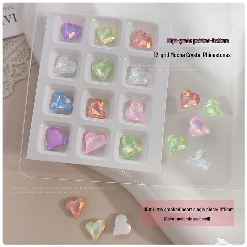 12-Grid Mocha Crystal Rhinestone Nail Art Set: 3D Butterfly, Heart & Square Designs