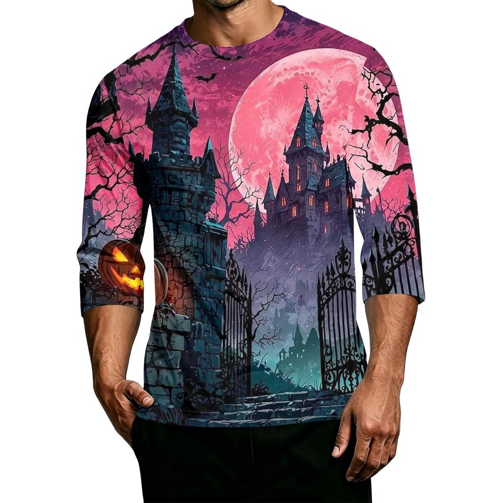 Men's Casual Halloween Print Crew Neck T Shirt Three Quarter Sleeve Top Lightweight Comfortable Fit for Daily Wear