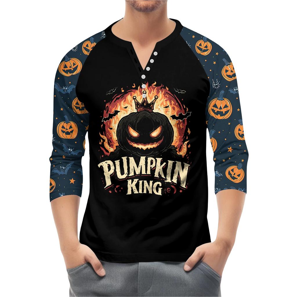 Men's Button-Down Contrast Raglan 3/4 Sleeve Top