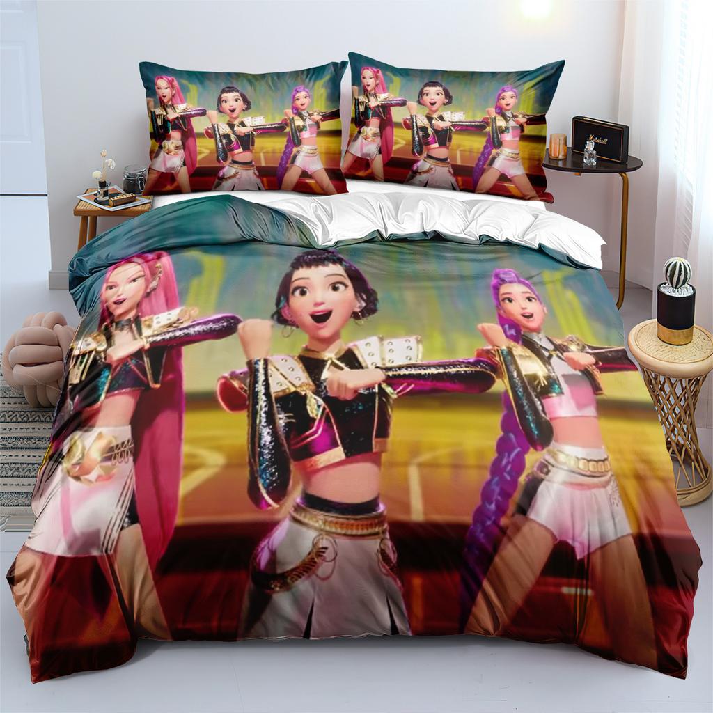 3pcs KPop Demon Hunters Bedding Set Anime Print Boys Girls Three Piece Multi Size Quilt Cover Pillow Cover Bedroom Decoration