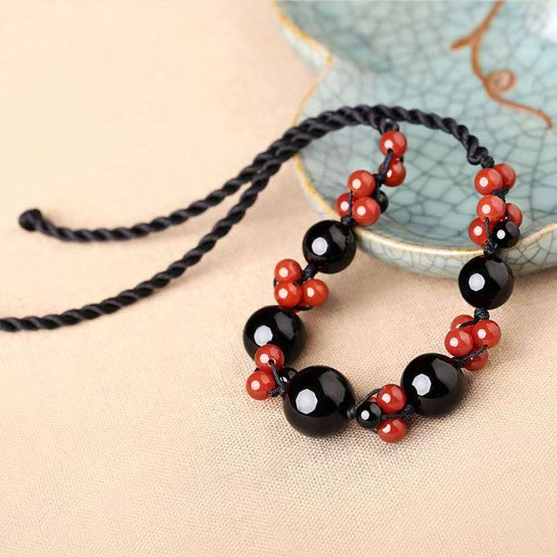 GEMCHIC Women's New Chinese Style Retro Collarbone Necklace Handmade Woven Red and Black Crystal Beads Ethnic Choker Jewelry
