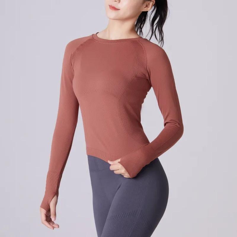 Women Dusty Pink Seamless Long Sleeve Crew Neck Fitted Workout Top