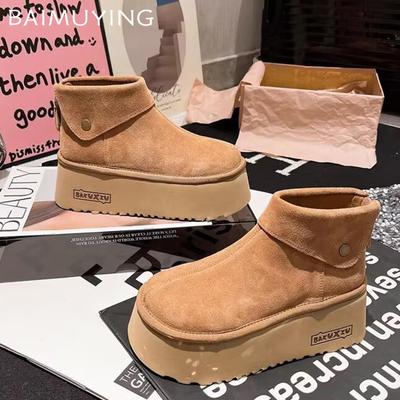 Semišové platformové dámske snehové členkové čižmy Dizajnové krátke plyšové topánky na strednom podpätku Nová značka 2025 Trend Teplé Útulné Zimné Botas De Mujer