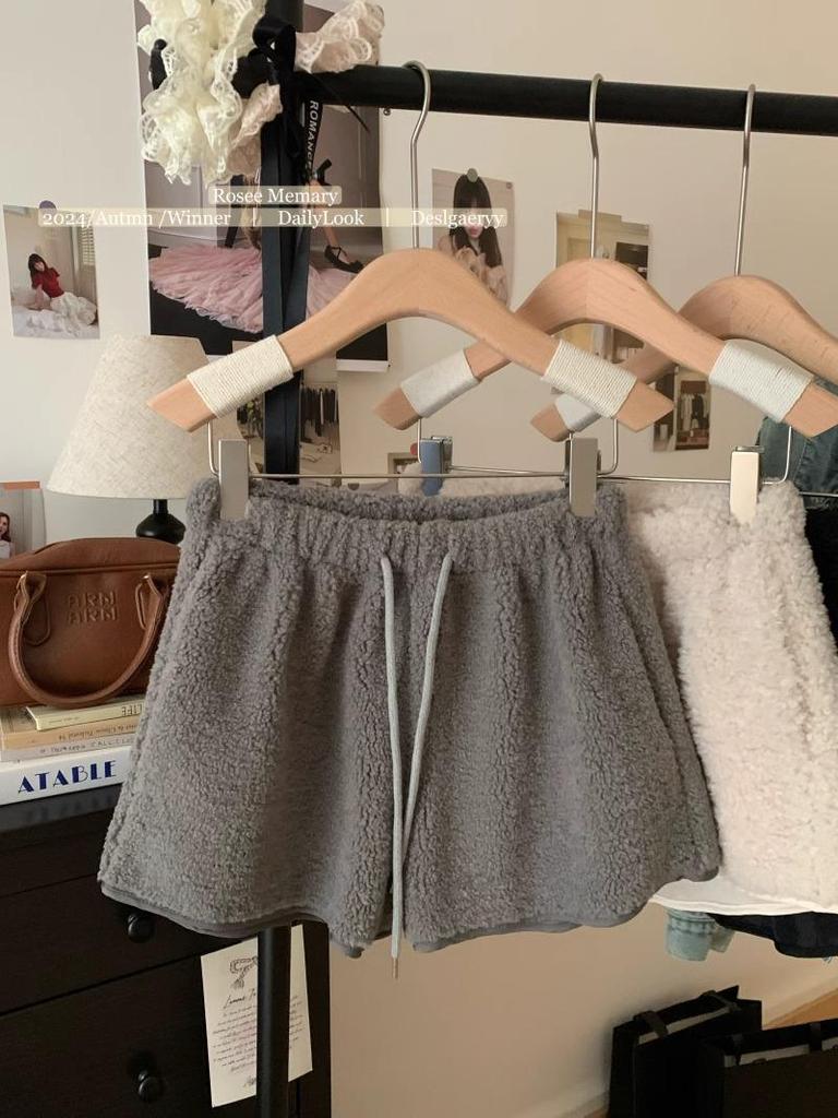 Women's 2024 Lambswool High Waist Drawstring Warm Shorts - Autumn/Winter Casual Loose Fit Hot Pants Outerwear