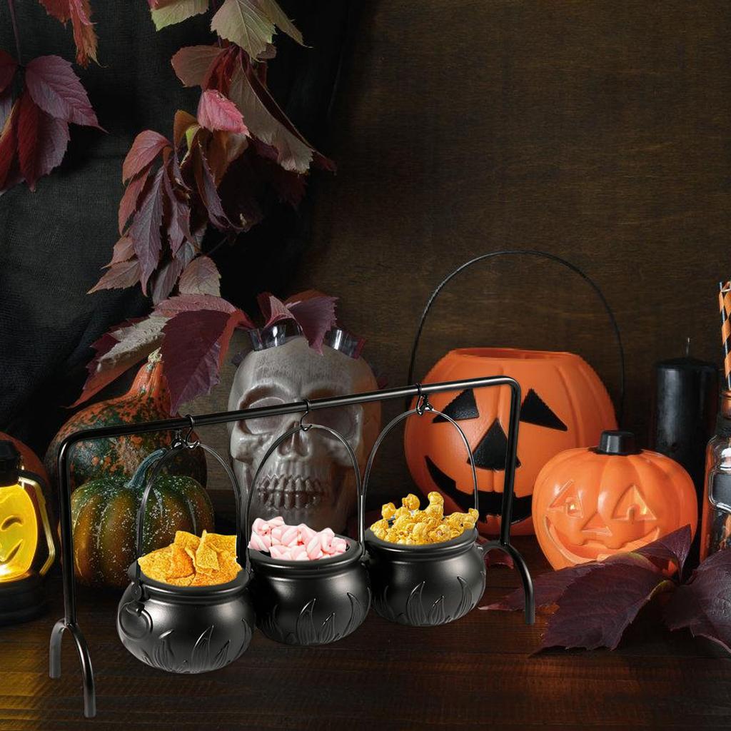 3 Pcs Witches Cauldron Serving Bowls on Rack Halloween Party Decorations Hanging Black Cauldron Bowls for Kitchen