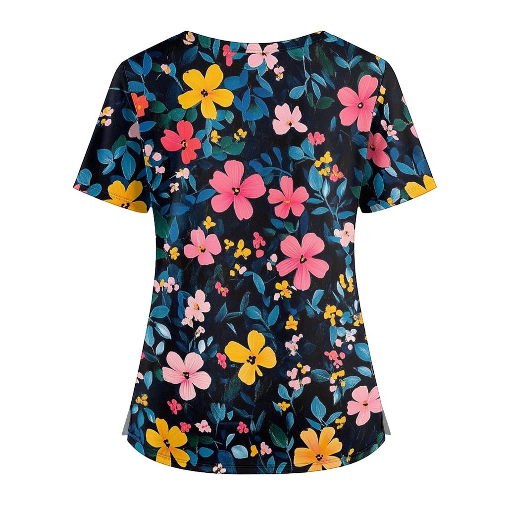 Floral Print V Neck Medical Scrub Top with Pockets Side Slits Short Sleeve Nurse Uniform Shirt for Women Comfortable Fit
