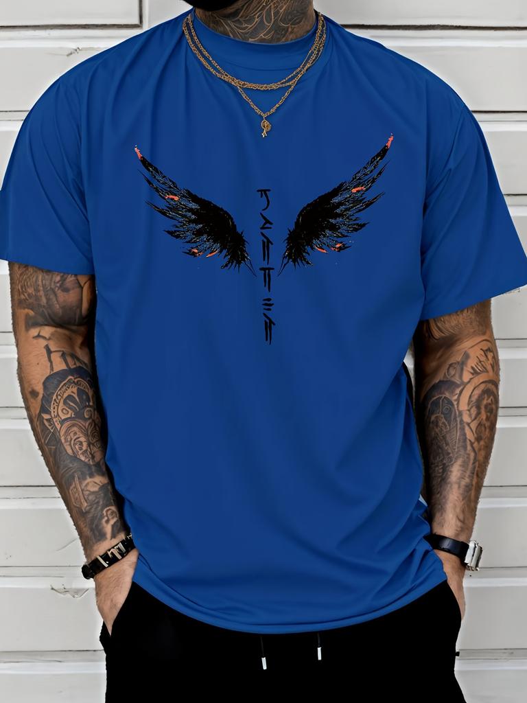 Summer Men's Angel Wings Japanese Printed Sports Casual Pure Cotton Versatile Round Neck Short Sleeved Simple T-shirt