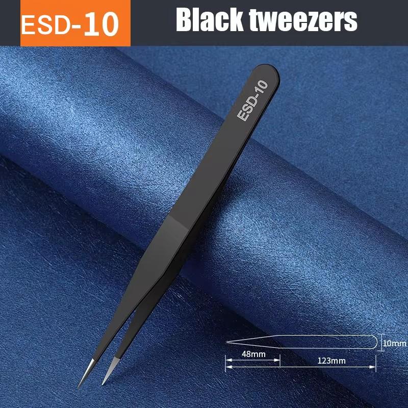 Black ESD Anti-Static Stainless Steel Tweezers Precision Maintenance Industrial Repair Home Working Model Making Hand Tools Set