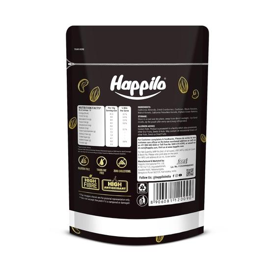 Happilo Premium International Healthy Nutmix 200g, Suszone Migdały, Czarne Rodzynki, Orzechy Nerkowca, Żurawina, Zielone Rodzynki, Jądra Pistacji