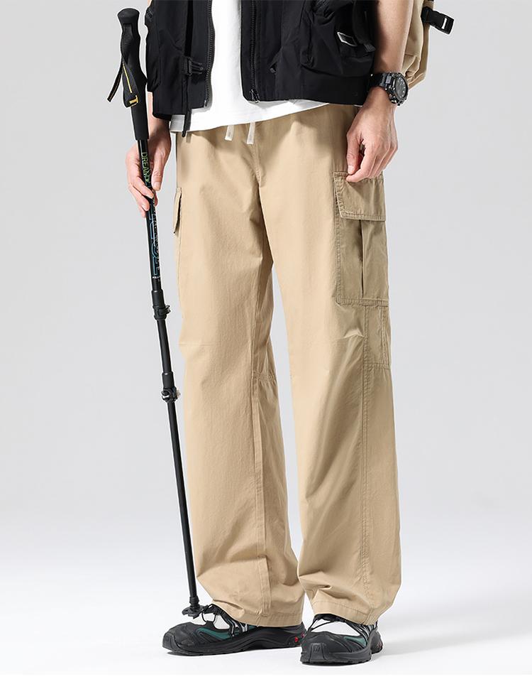 100% cotton workwear outdoor multi bag elastic waist drawstring pure cotton straight leg pants men's casual pants
