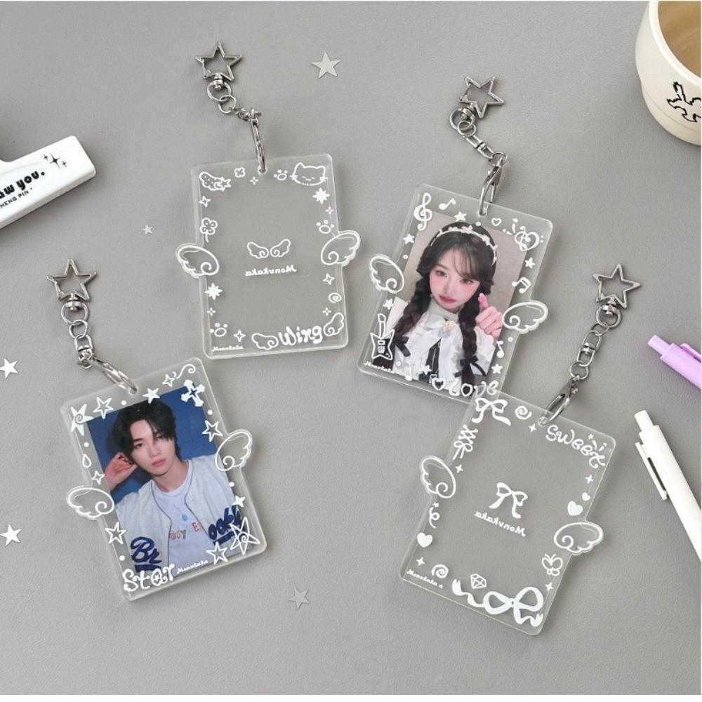 Acrylic 3-inch Photocard Holder with Angel Wings Graffiti Style Kpop Photo Card Protector with Keychain Card Cover