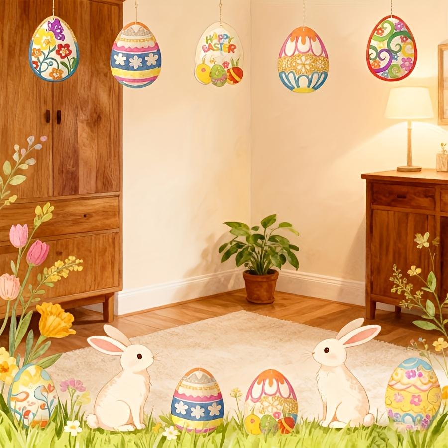2D Flat Easter Bunny Eggs Including 10 Jute Threads and 10pcs of Wood Easter DIY Decorations Festive Pendants Party Supplies