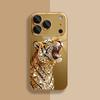 Golden Tiger Diamond Pattern Metallic Tempered Glass Phone Case For iPhone 11 12 13 14 15 16 17 18 Pro Max Plus 17 Air 16E Cover