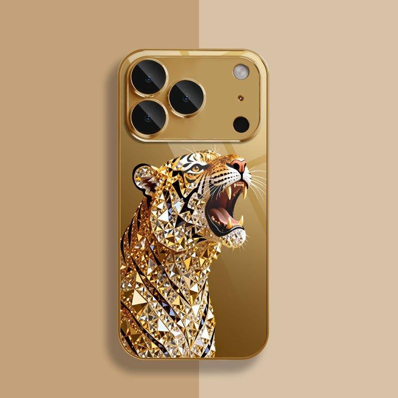 Golden Tiger Diamond Pattern Metallic Tempered Glass Phone Case For iPhone 11 12 13 14 15 16 17 18 Pro Max Plus 17 Air 16E Cover