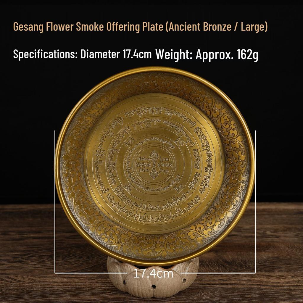 Gesang Copper Incense Burner with Flower Design - Intermediate Smoke & Fire Offering Plate for Alms and Food Offerings