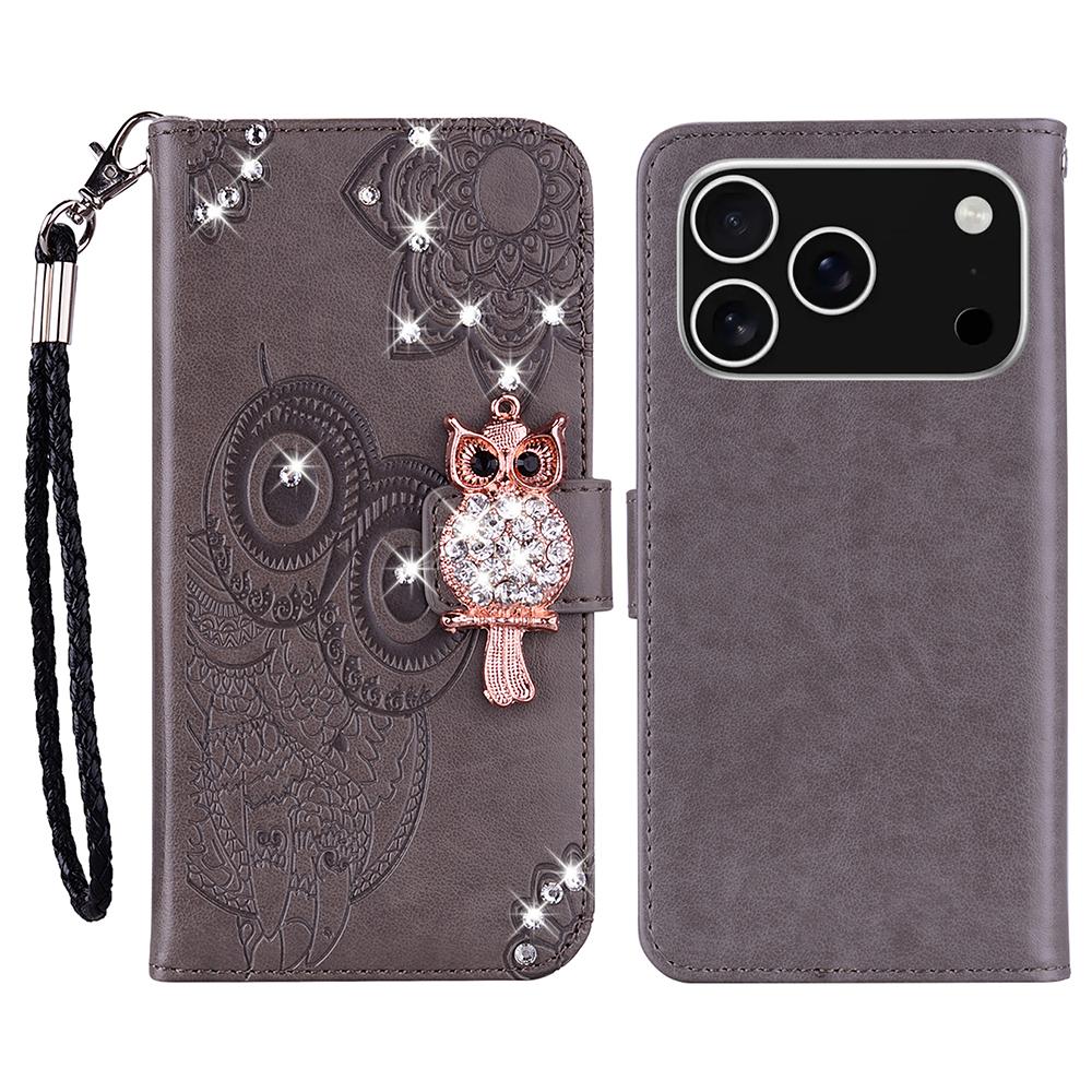 For iPhone 17 Pro Max Wallet Case Owl Flower Imprinted Rhinestone Leather Cover