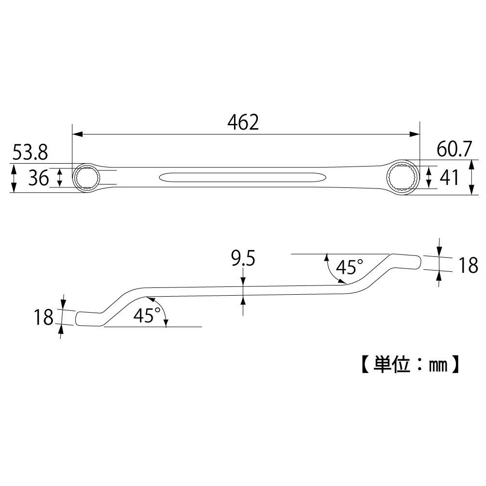 TOP Industrial Made In Japan (TOP) Double-Ended Open-End Wrench, 36x41mm, 45° Offset, Forged, TM-36x41, Tsubame-Sanjo,