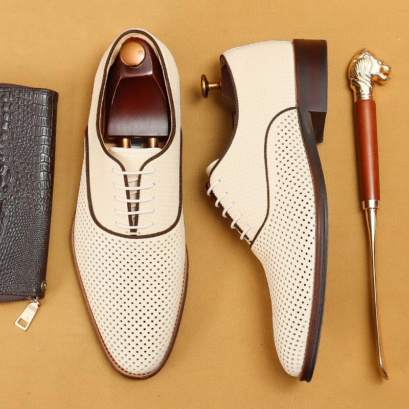 Hollow Leather Shoes Men'S British Dress Business Real Cowhide Summer Breathable Men'S Pointed Oxford Casual Men'S Shoes